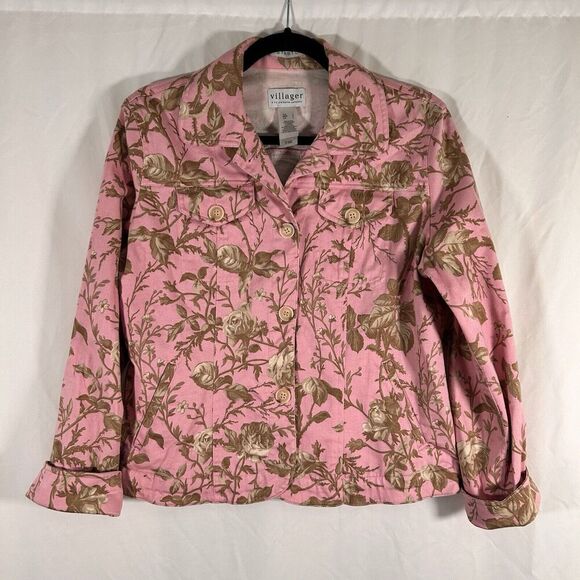 Villager Liz Claiborne Jacket Women's Large Pink Floral Button Up Stretch Cotton - Picture 1 of 10
